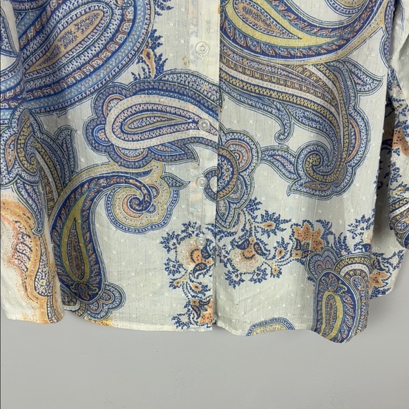 Chico's Dotted Swiss Semi-Sheer Blue, Coral & White Paisley 3/4 Sleeve Blouse 3 - Picture 6 of 12